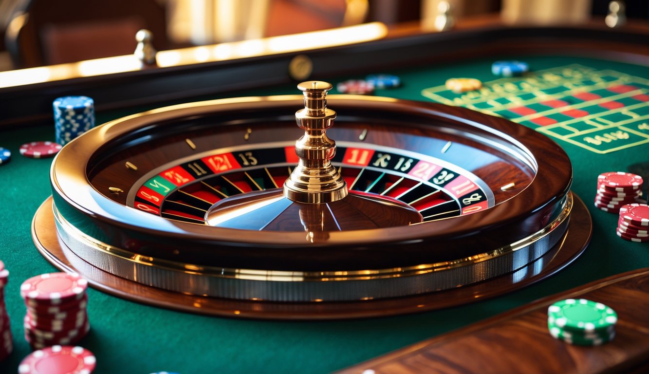 Meja roulette Eropa dengan roda roulette dan chip taruhan dalam suasana kasino mewah.