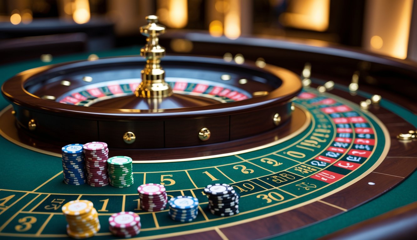 Meja roulette Eropa dengan roda roulette dan chip taruhan di kasino mewah.