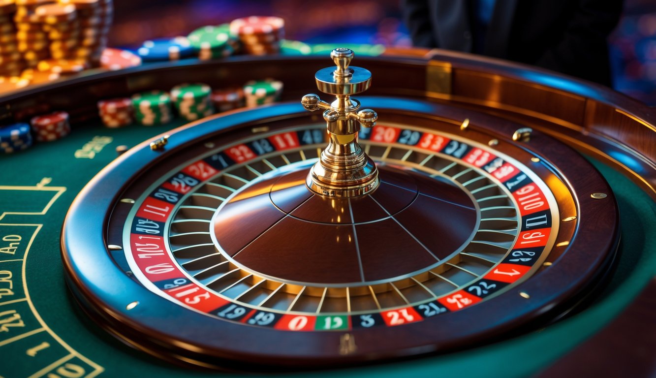 Meja roulette Eropa dengan roda roulette yang berputar dan bola putih di dekat angka, suasana kasino dengan lampu hangat dan tumpukan chip di meja.