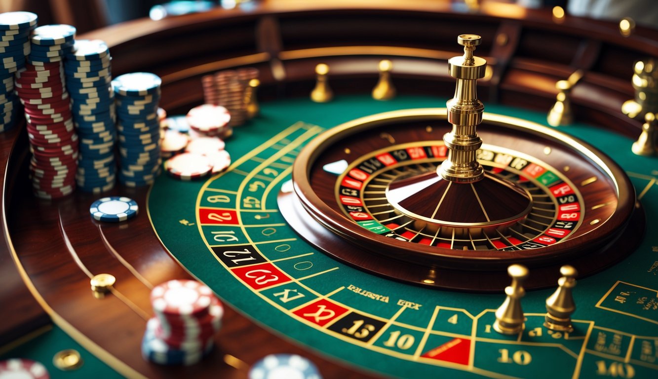 Meja roulette Eropa dengan roda roulette dan tumpukan chip kasino di suasana kasino mewah.