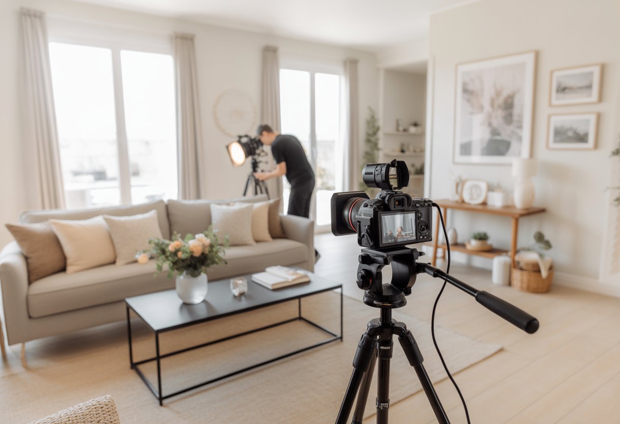 A modern living room staged for a home video shoot with a camera on a tripod and a person adjusting lighting equipment.