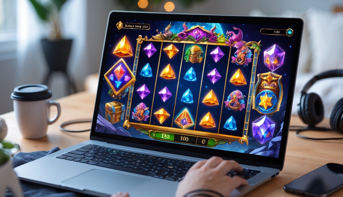 Seorang pengguna bermain permainan slot bertema fantasi di laptop di ruang tamu yang nyaman.