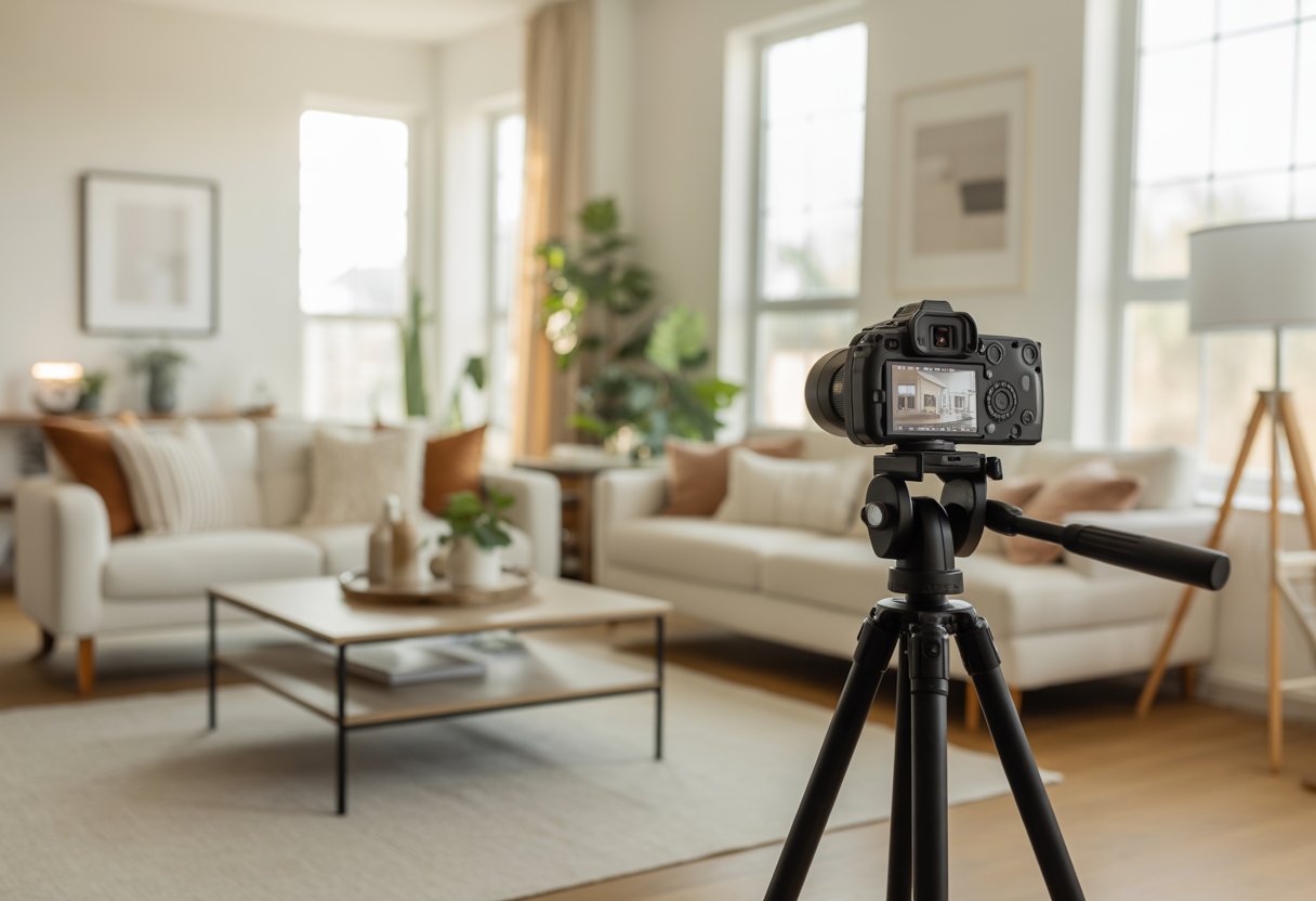 A well-lit living room with modern furniture and a camera on a tripod set up to record a video walkthrough.