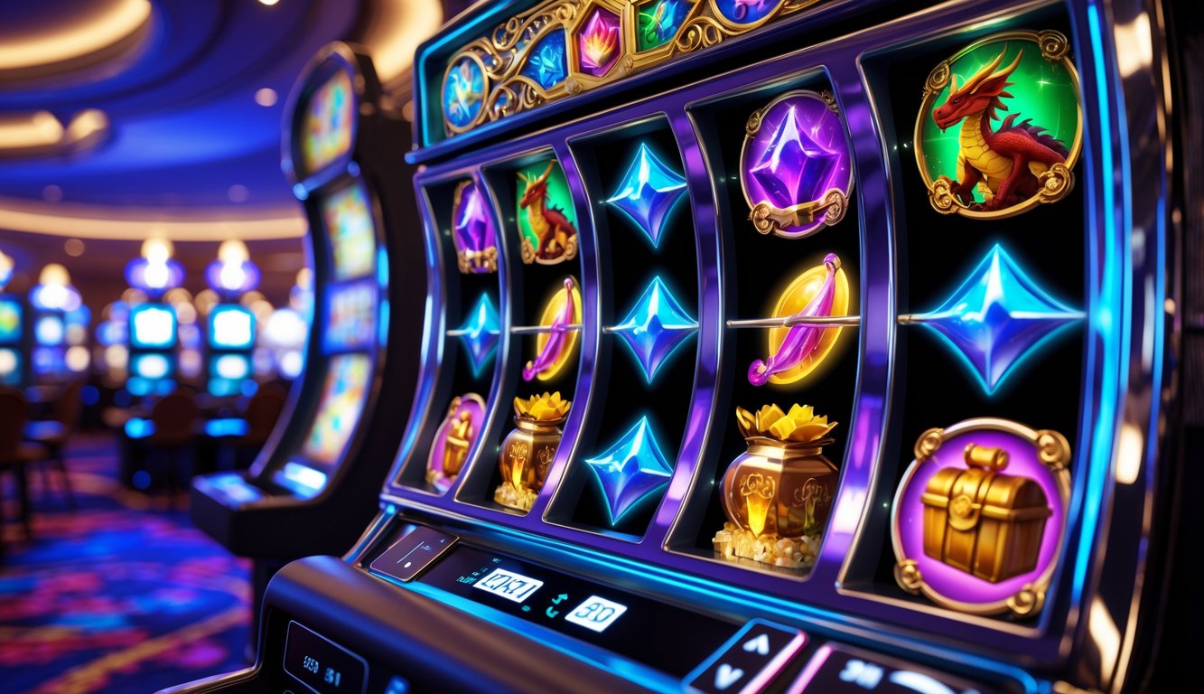 Mesin slot bertema fantasi dengan simbol naga, ramuan ajaib, dan harta karun di dalam suasana kasino yang mewah dan terang.