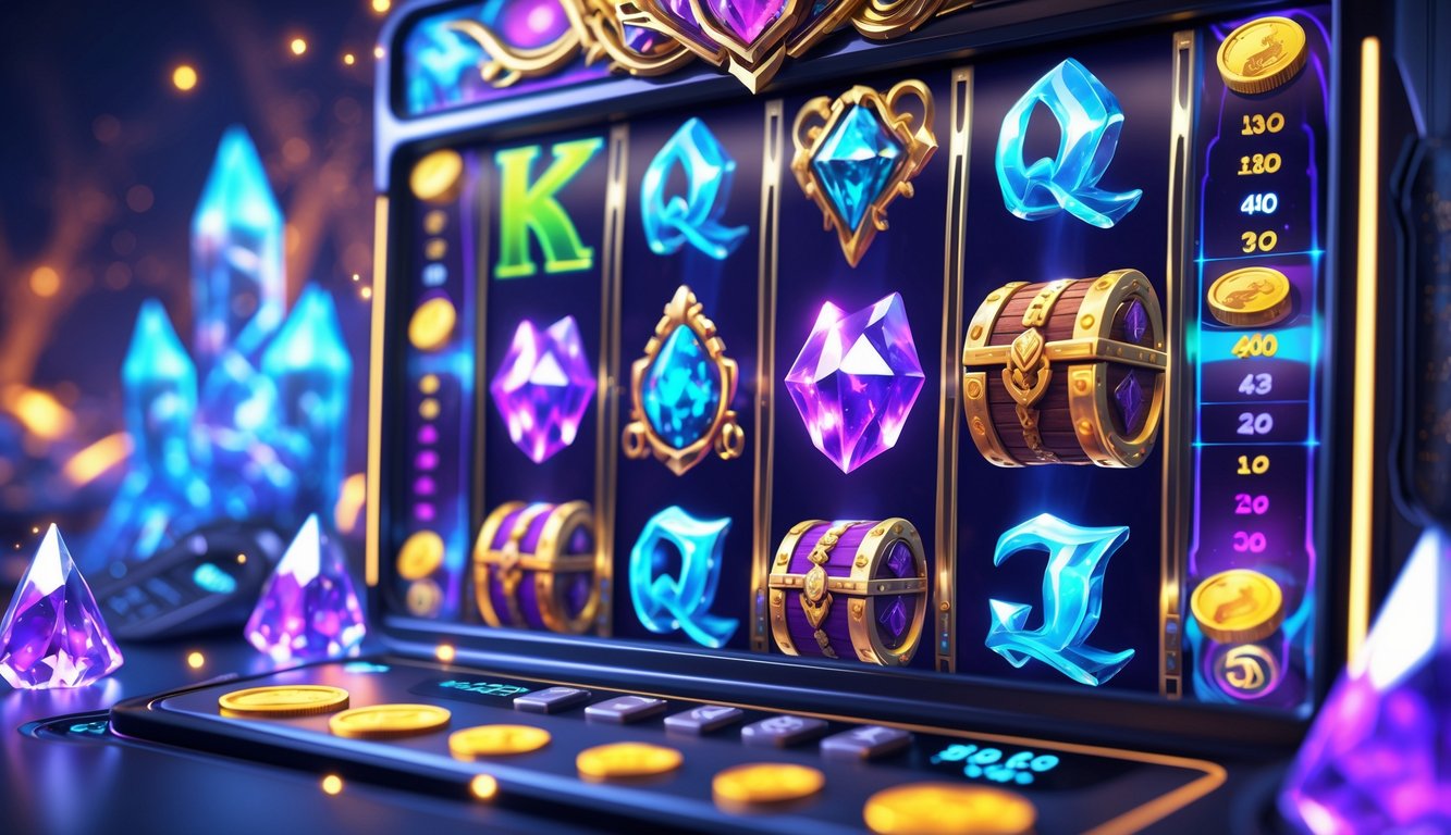 Layar mesin slot online dengan simbol fantasi seperti naga, kristal ajaib, pedang, dan peti harta dalam suasana magis berwarna biru, ungu, dan emas.