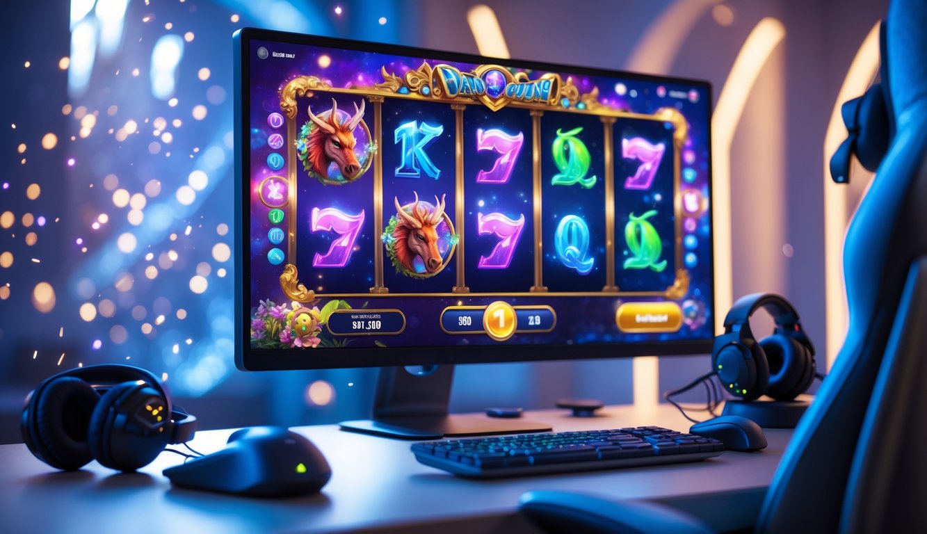 Layar komputer menampilkan mesin slot bertema fantasi dengan makhluk mitos dan simbol bercahaya di sebuah ruangan permainan yang nyaman.