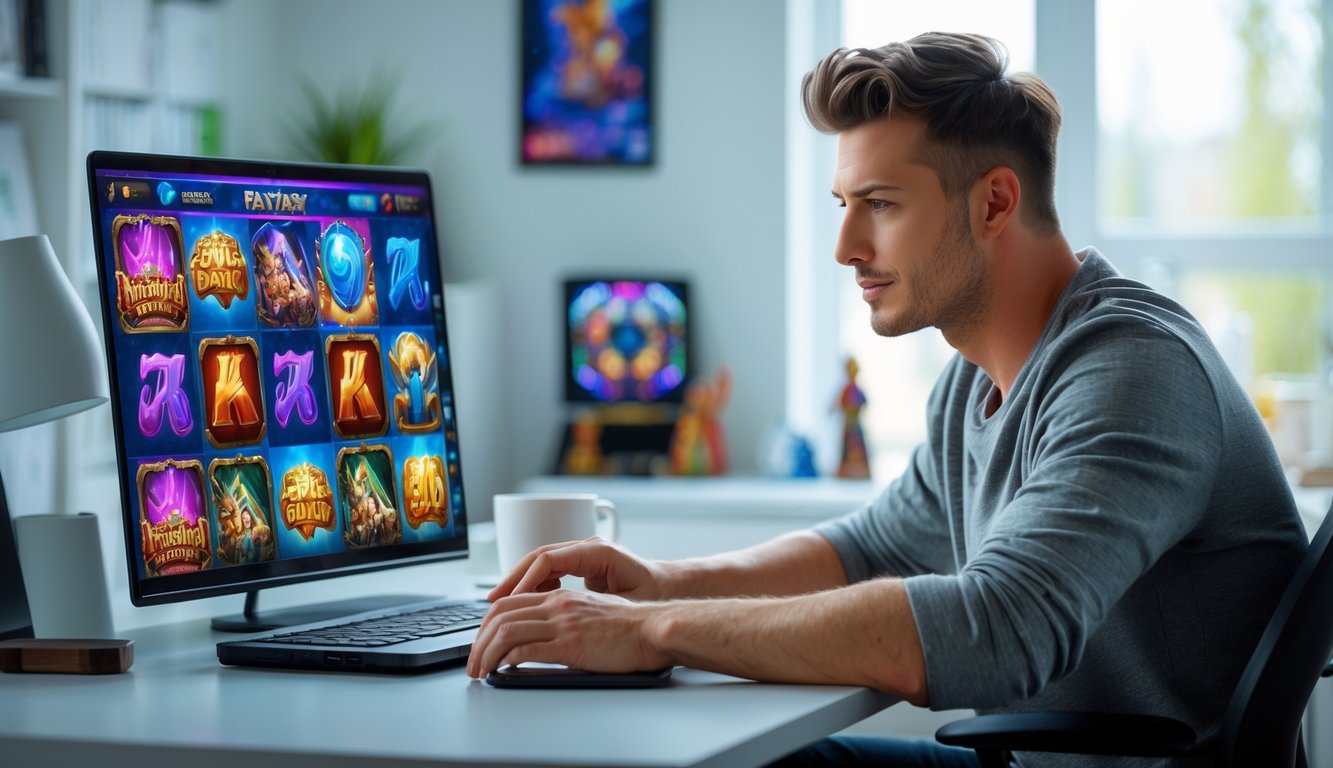 Seorang pria muda duduk di meja dengan laptop yang menampilkan permainan slot bertema fantasi, terlihat fokus dan santai di ruang kerja rumah yang terang.