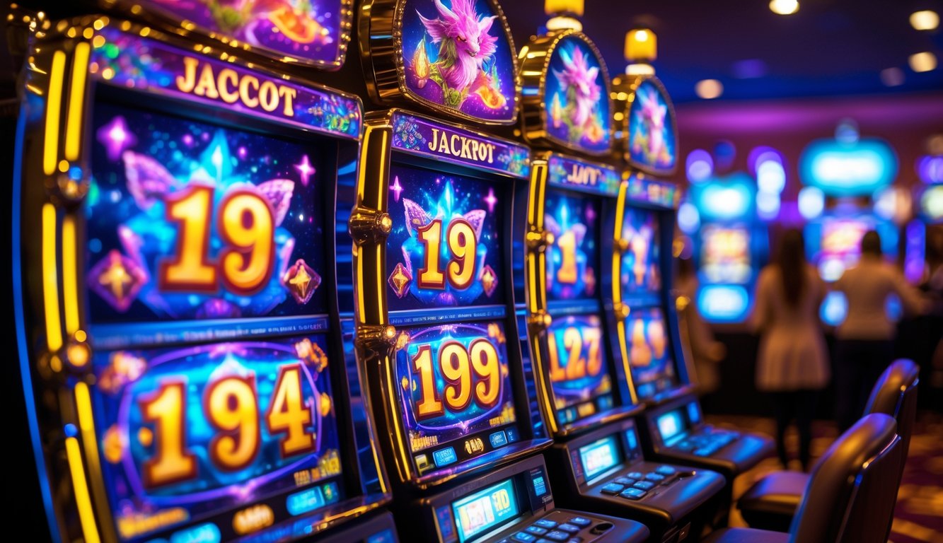 Suasana kasino dengan mesin slot bertema fantasi yang menampilkan jackpot besar dan lampu berwarna-warni.