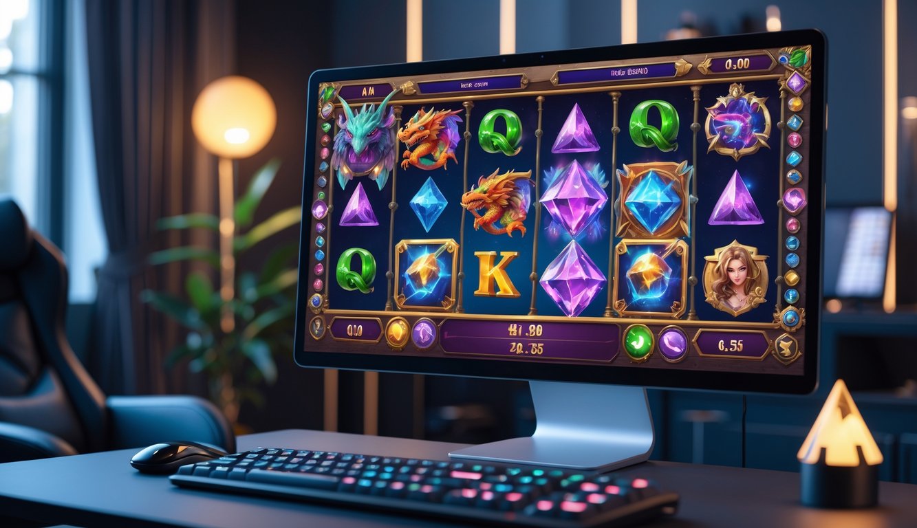 Layar komputer menampilkan permainan slot bertema fantasi dengan simbol naga dan permata di dalam ruangan gaming yang nyaman.