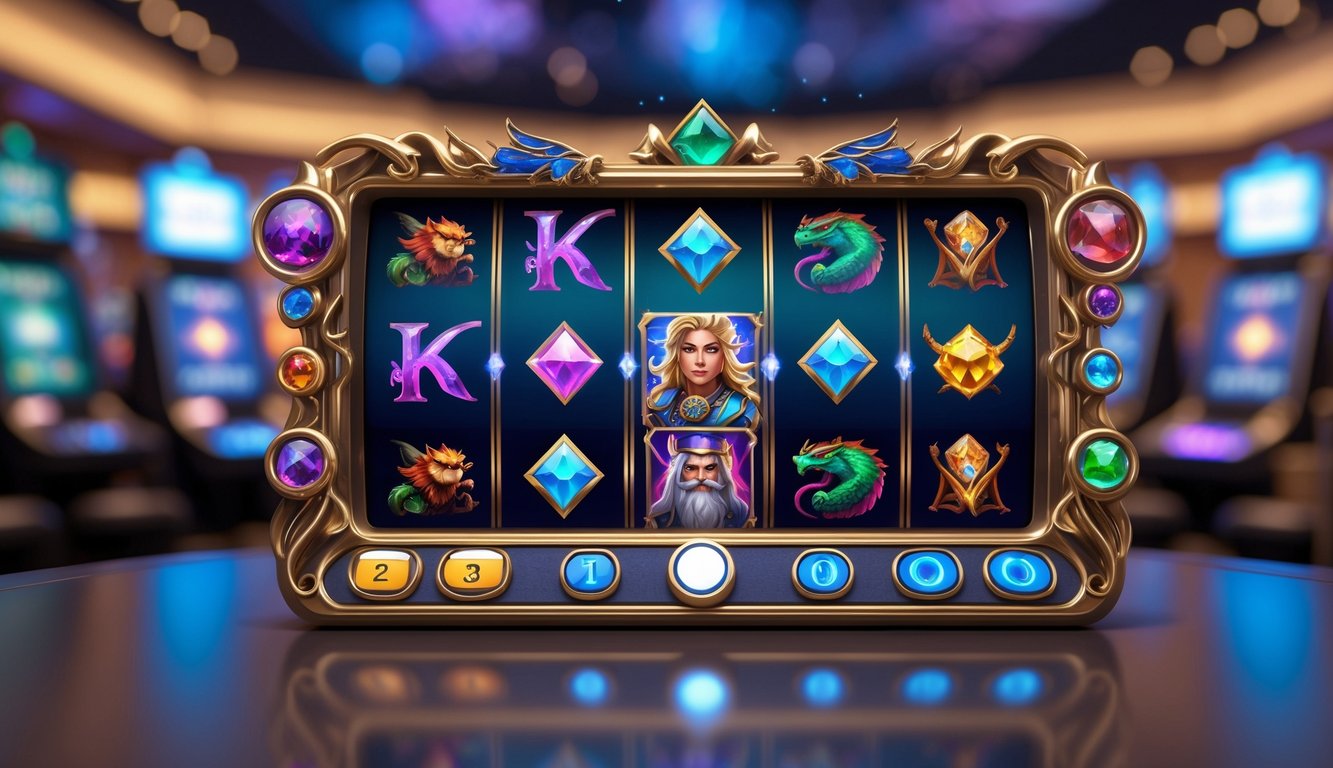 Sebuah mesin slot bertema fantasi kecil dengan simbol warna-warni dari makhluk mitos dan artefak magis di layar digital.