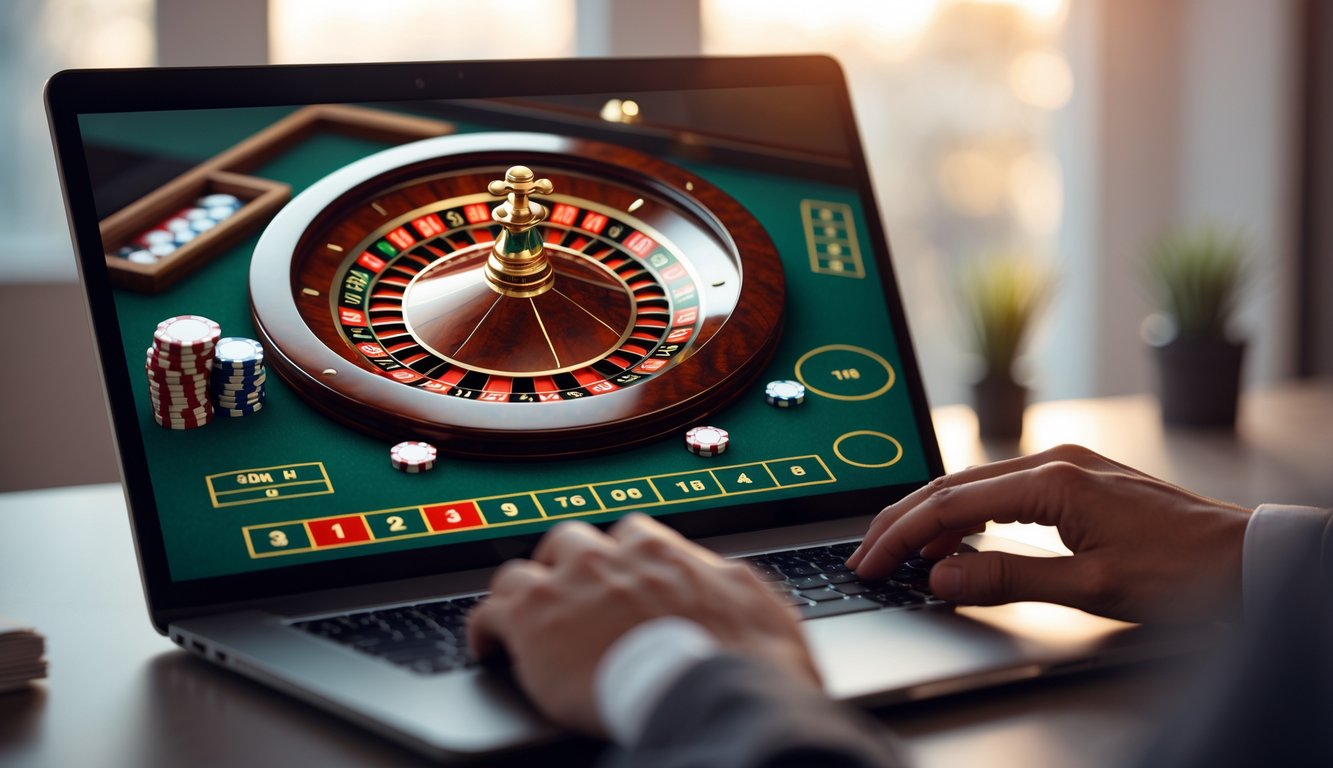 Seseorang bermain roulette Prancis secara online di depan komputer dengan roda roulette terlihat di layar.