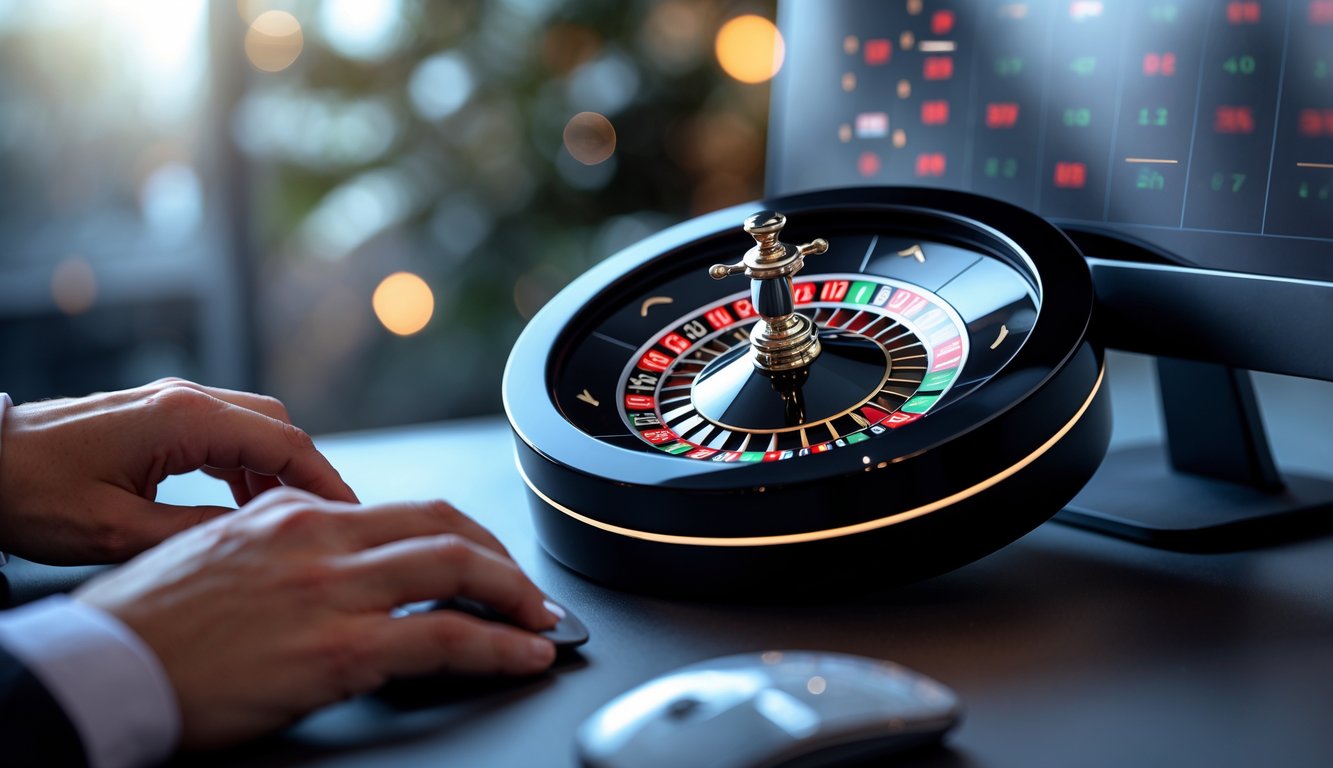 Seseorang menggunakan komputer dengan tampilan roda roulette Prancis online yang sedang aktif.