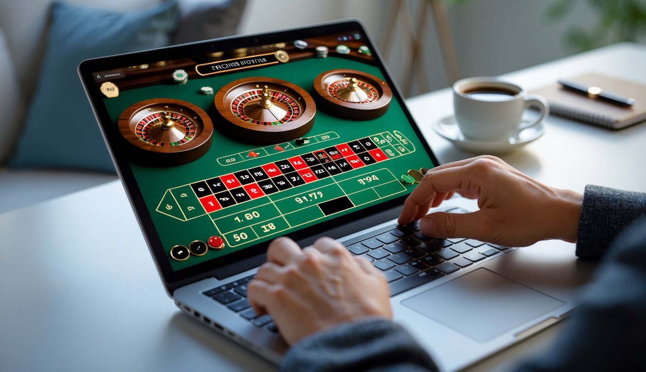 Seseorang sedang bermain roulette Prancis secara online menggunakan laptop di meja kerja di rumah.