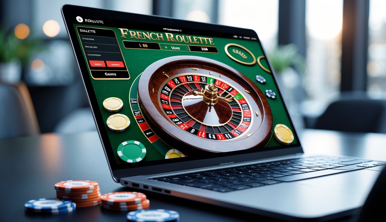 Layar komputer menampilkan permainan roulette Prancis online dengan roda roulette dan chip taruhan.