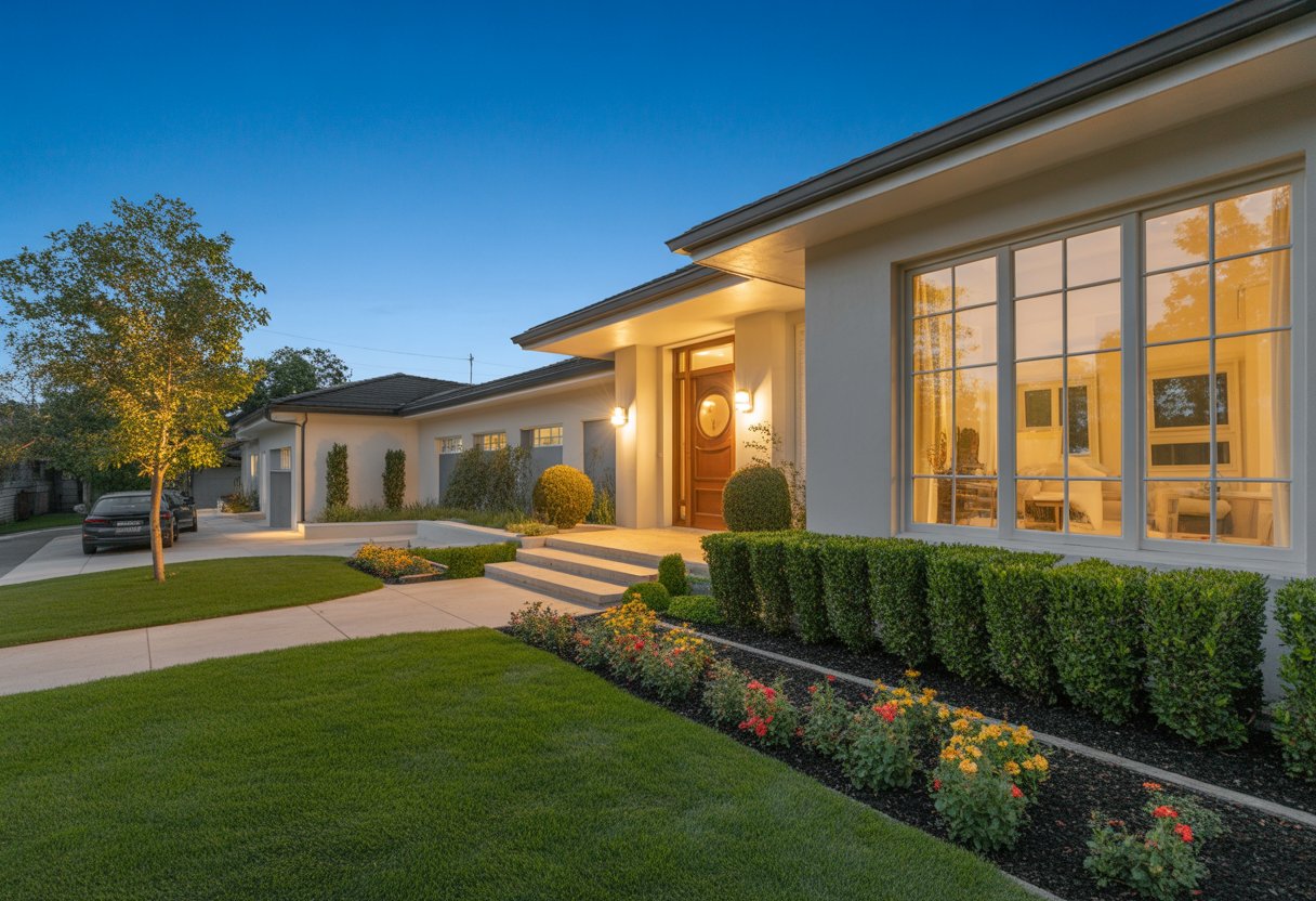A modern single-family home with a landscaped front yard under a clear blue sky.