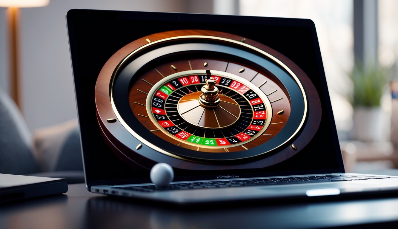 Layar komputer menampilkan permainan roulette Prancis online dengan roda roulette digital dan bola putih di salah satu slot.