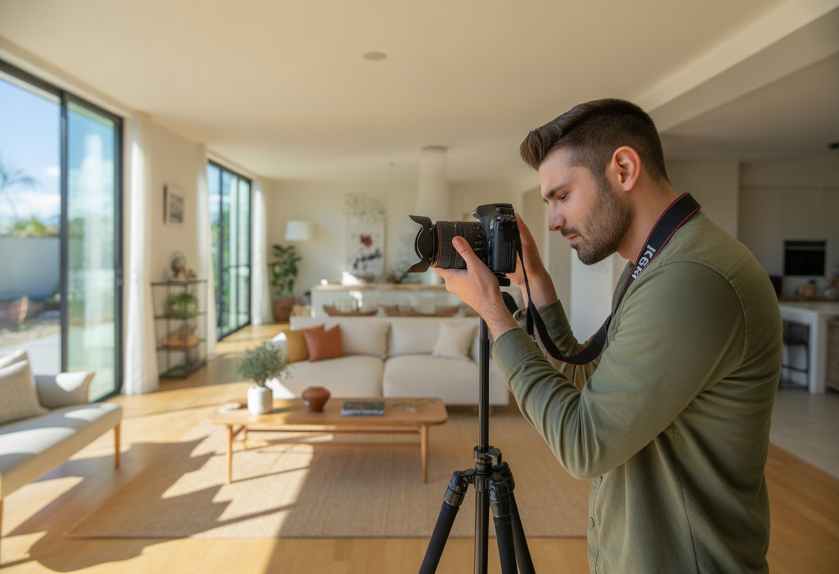A photographer adjusting a camera on a tripod inside a bright and modern living room with large windows and contemporary furniture.