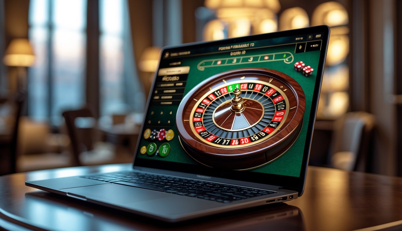 Layar laptop menampilkan permainan roulette Prancis online dengan roda roulette berwarna merah, hitam, dan hijau di atas meja kayu di ruangan yang nyaman.