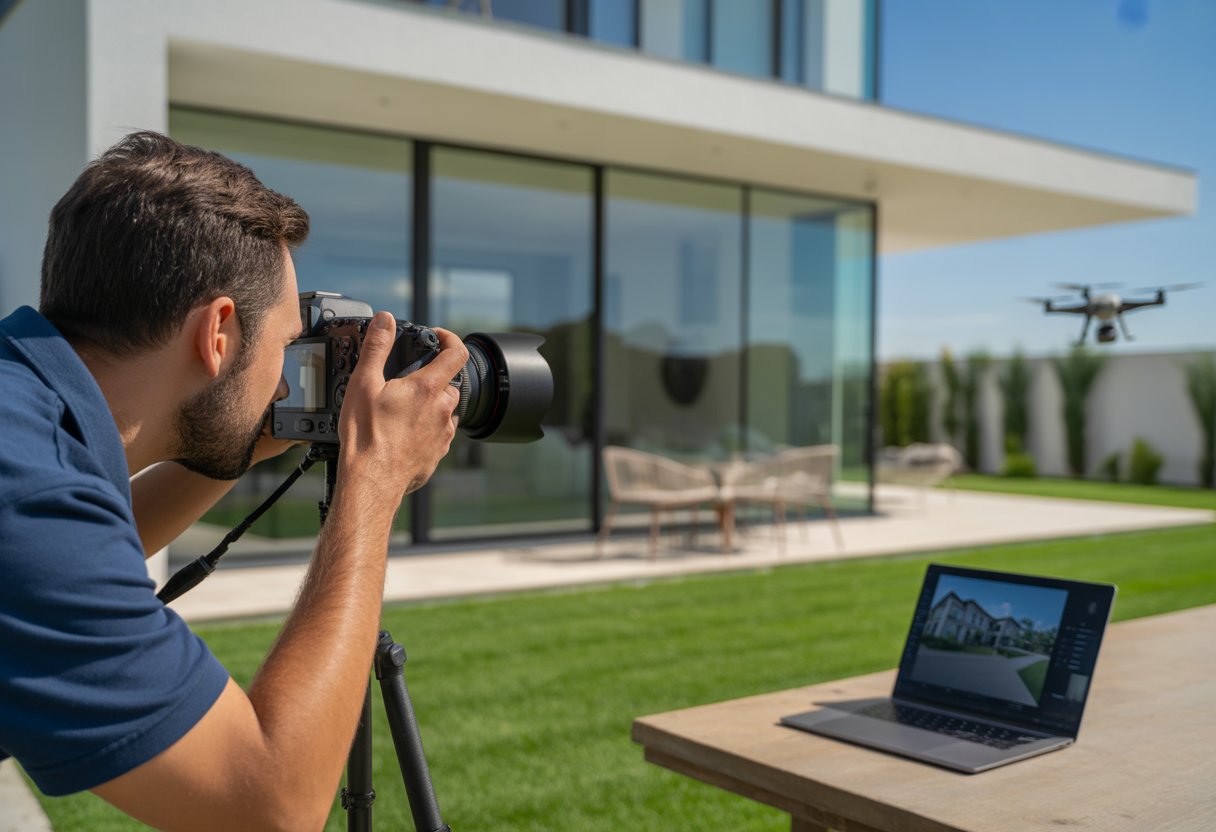 Photographer taking pictures of a modern house exterior with a camera on a tripod, a drone flying nearby, and a laptop showing photo editing.