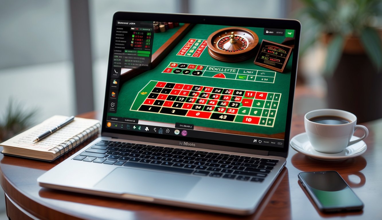 Seorang pria menggunakan laptop di meja kayu dengan permainan roulette Prancis online di layar, di sampingnya terdapat buku catatan dan pena.