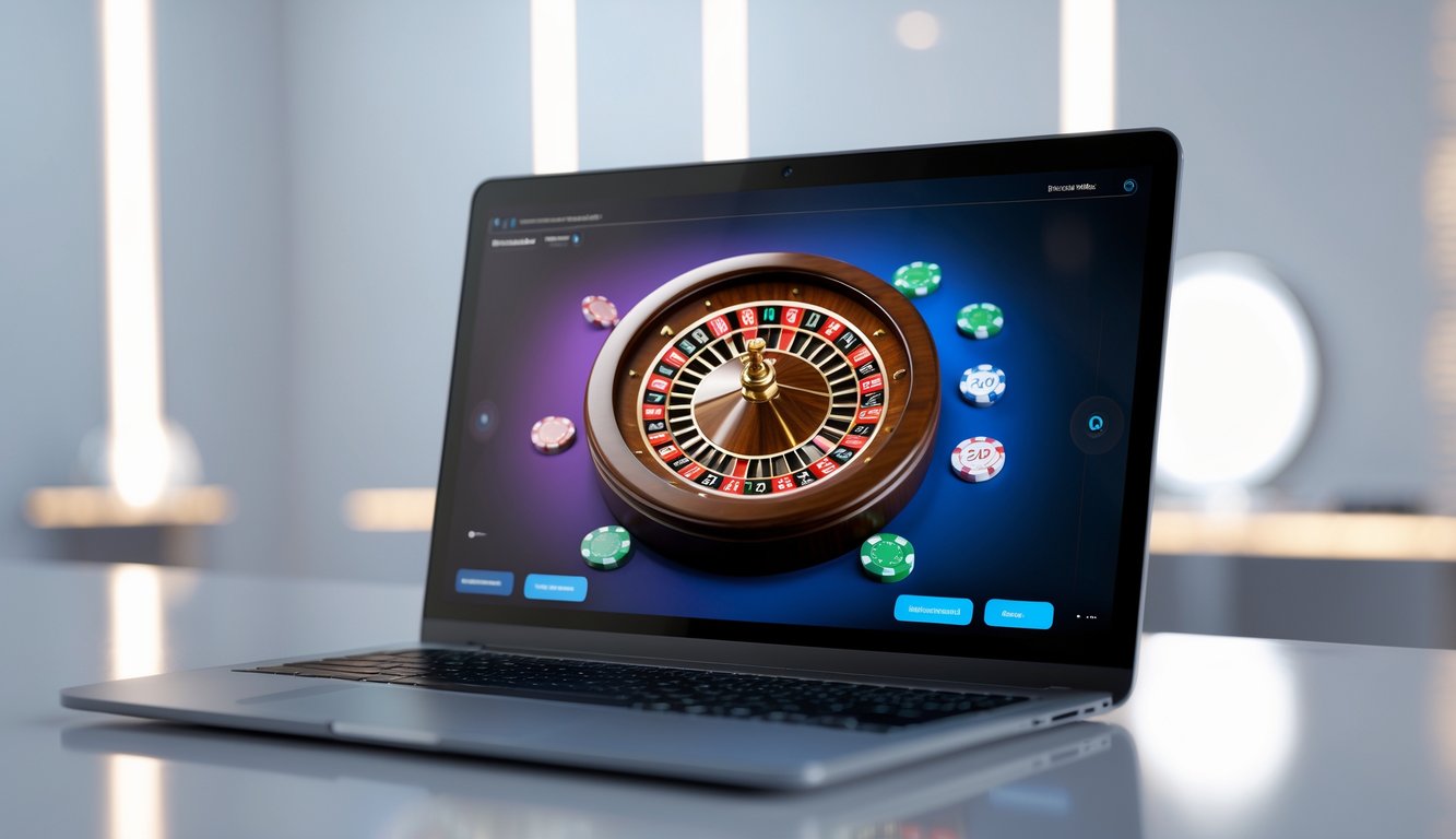 Layar komputer menampilkan permainan roulette Prancis online dengan roda roulette berwarna cerah dan angka yang jelas.