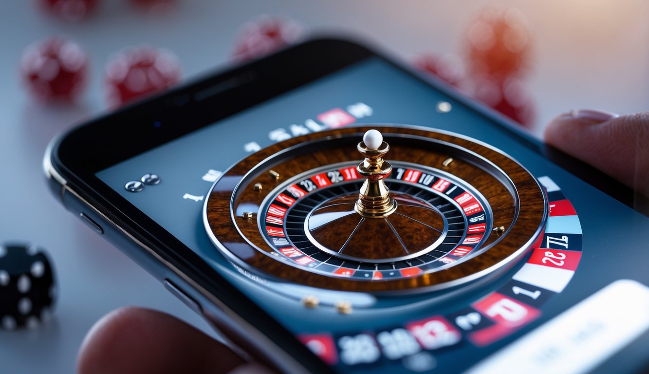 Tampilan dekat roda roulette Prancis kecil pada layar perangkat digital dengan bola putih di salah satu angka.