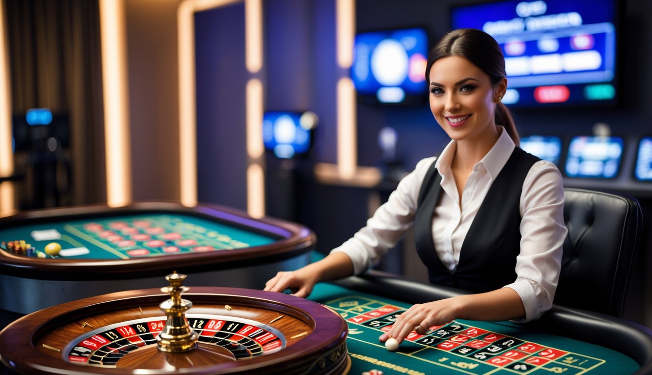 Seorang dealer langsung yang profesional sedang mengoperasikan meja roulette Prancis dengan roda roulette dan tata letak taruhan terlihat jelas.