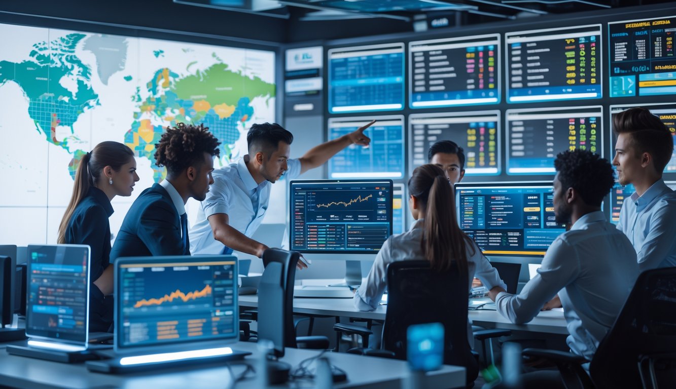 Sekelompok orang muda bekerja bersama di kantor modern dengan layar digital menampilkan data taruhan olahraga dan statistik pertandingan.