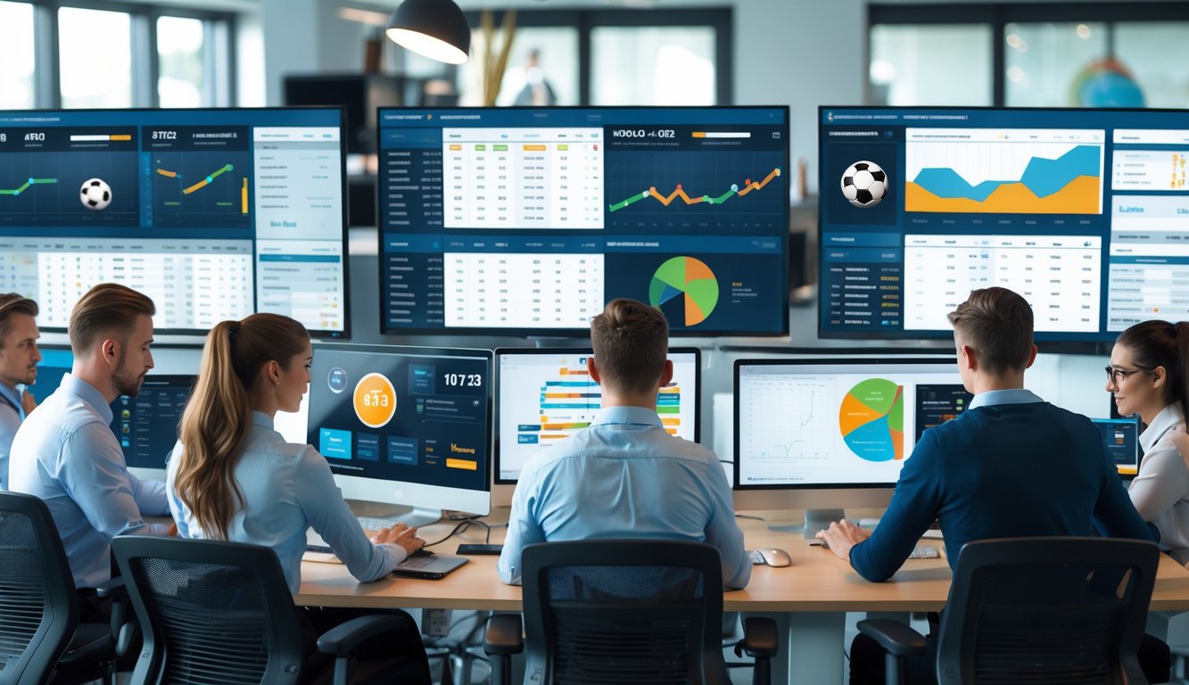 Sekelompok profesional muda sedang bekerja di kantor modern dengan layar komputer menampilkan statistik olahraga.