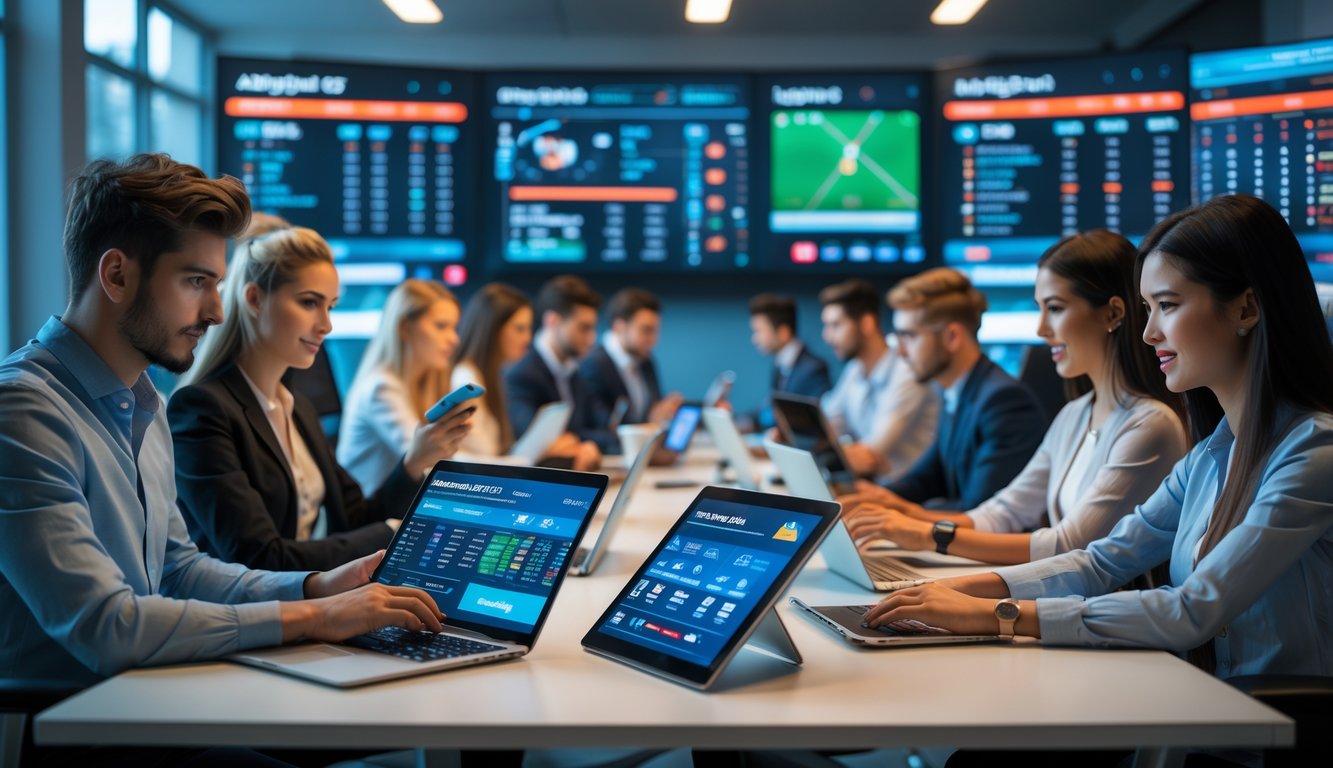 Beberapa orang muda menggunakan perangkat digital di sebuah kantor modern dengan layar besar yang menampilkan pertandingan olahraga dan data taruhan.