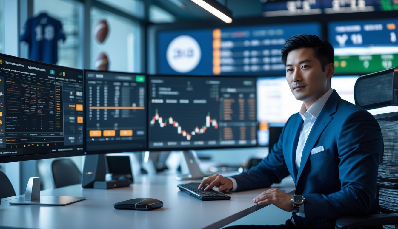 Seorang pria Asia profesional duduk di depan beberapa layar komputer yang menampilkan data taruhan olahraga dan grafik odds parlay tahun 2025 di sebuah kantor modern.