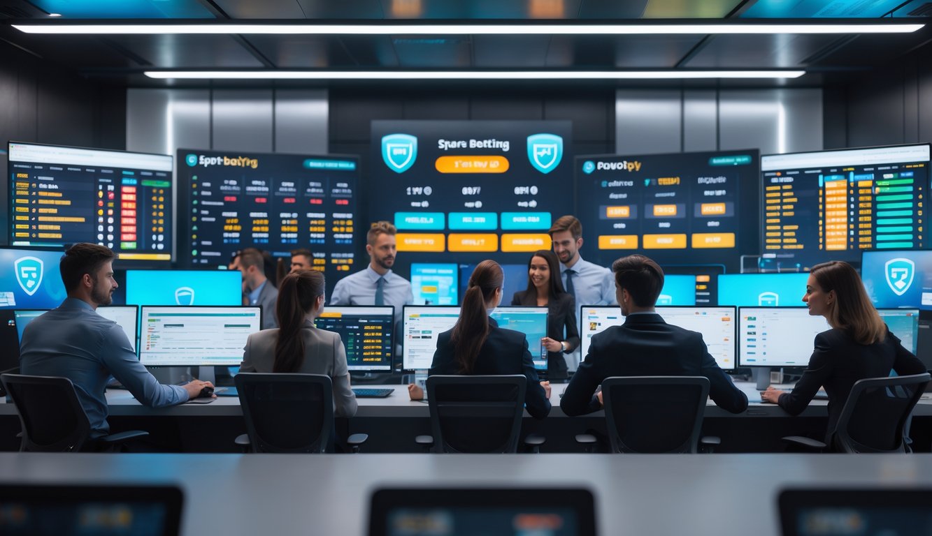 Orang-orang profesional sedang bekerja di kantor modern dengan layar komputer menampilkan data taruhan olahraga.