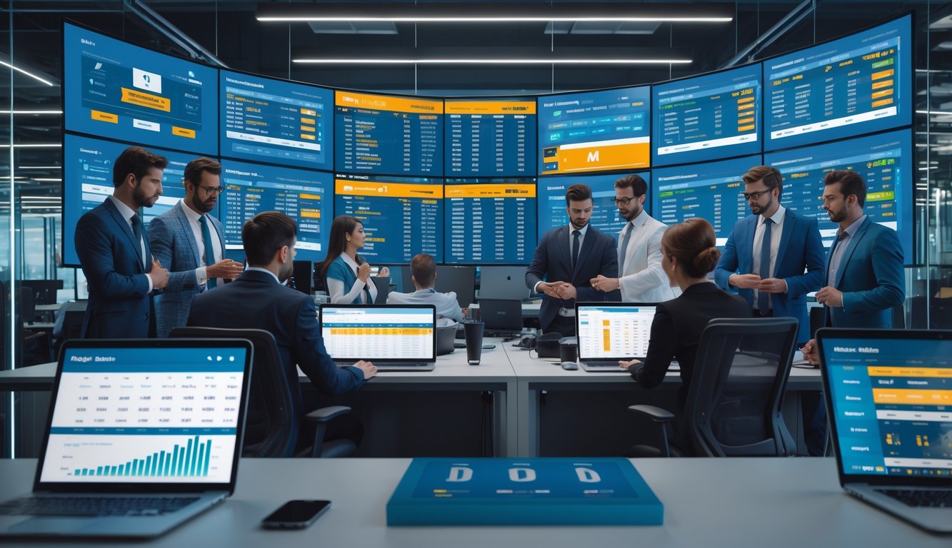 Sekelompok profesional sedang bekerja di kantor modern dengan layar digital menampilkan data taruhan olahraga dan statistik.