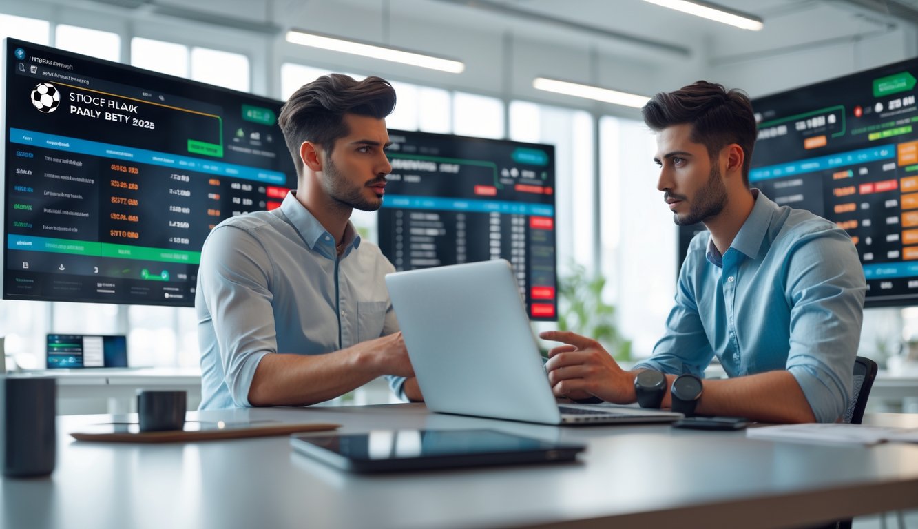 Dua orang sedang menganalisis data pertandingan sepak bola di depan layar digital dalam sebuah kantor modern.