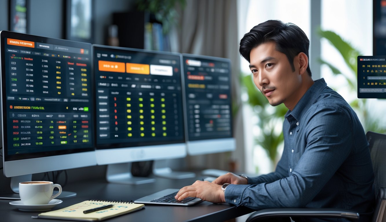 Seorang pria muda duduk di meja kerja dengan beberapa layar komputer yang menampilkan statistik taruhan olahraga, terlihat fokus menggunakan laptop dan ponsel di ruangan yang terang dan modern.