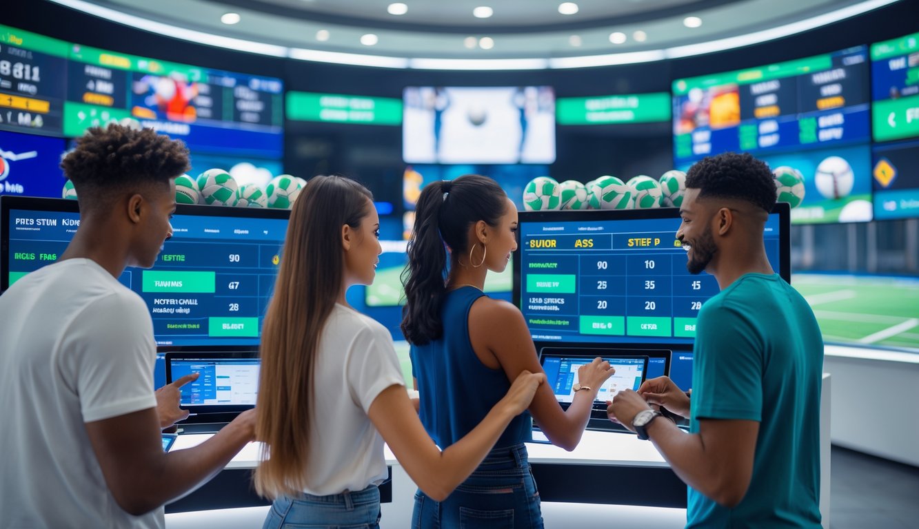 Orang-orang muda menggunakan perangkat digital di sebuah agen taruhan modern dengan layar besar menampilkan grafik olahraga dan peluang taruhan.