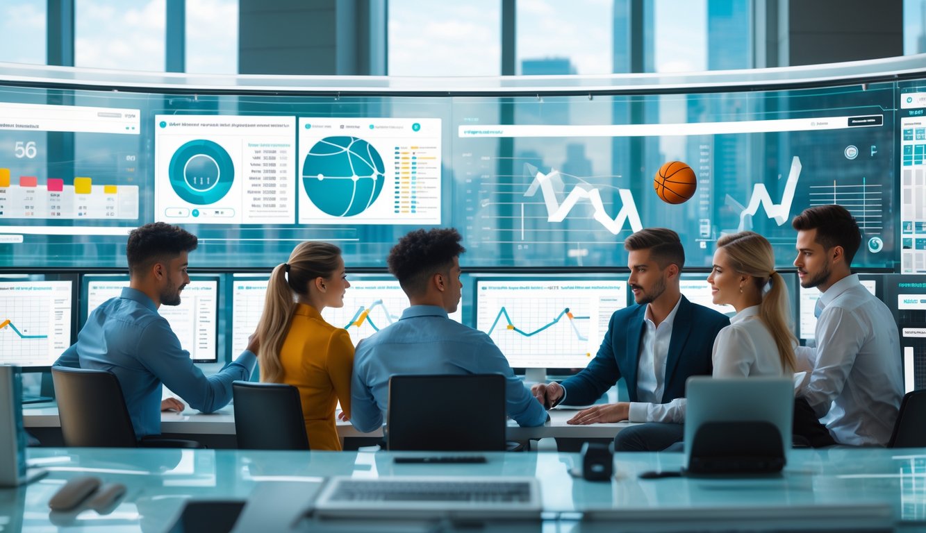 Sekelompok profesional muda bekerja bersama di kantor modern dengan layar komputer menampilkan grafik dan ikon olahraga.