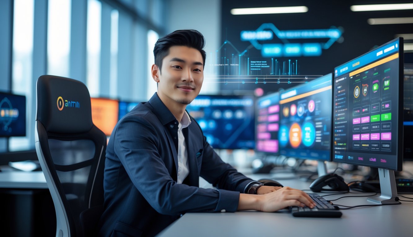 Seorang pria muda duduk di depan beberapa layar komputer di kantor modern yang terang, fokus pada aktivitas judi online dengan suasana profesional dan terpercaya.