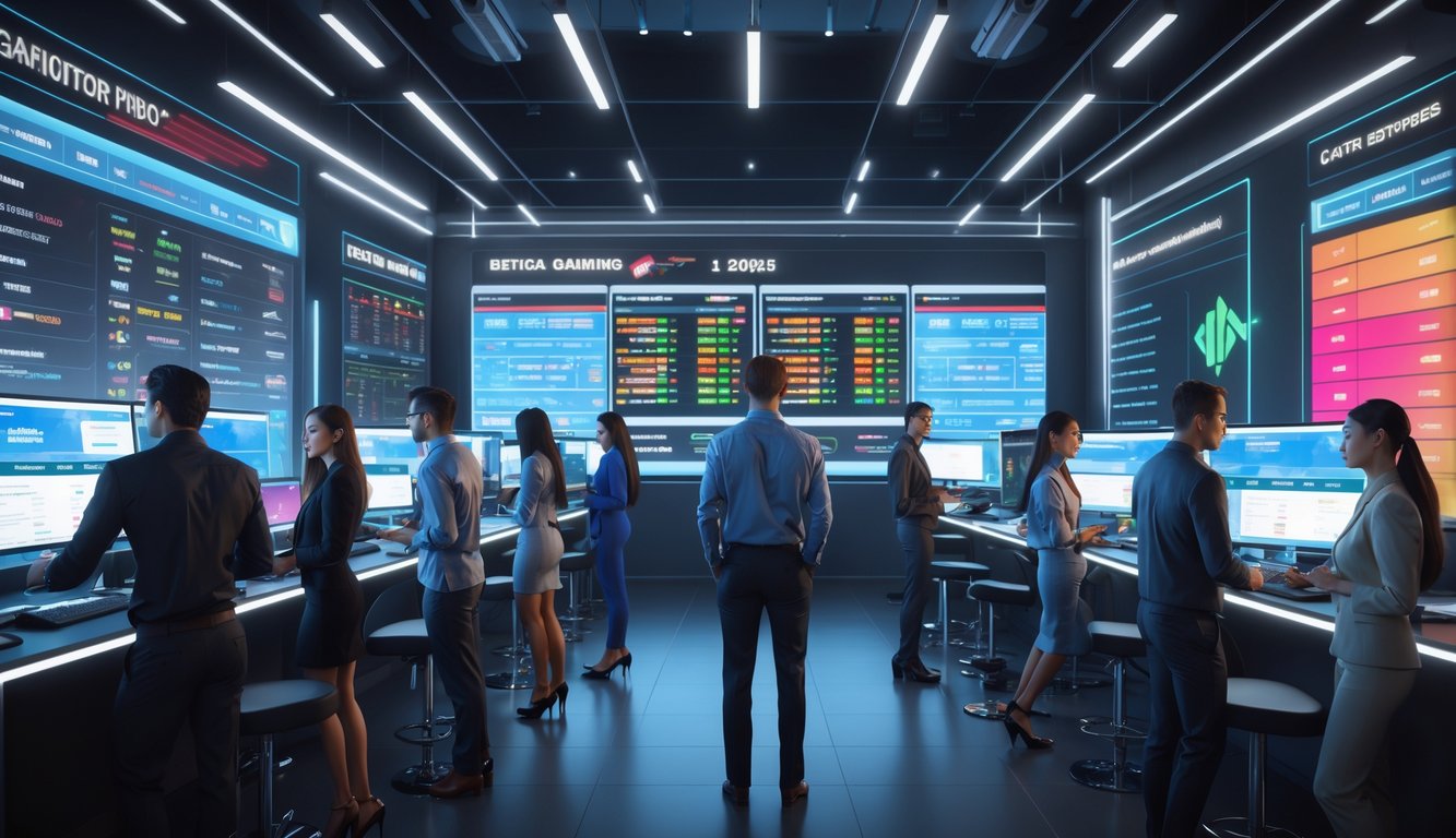 Sejumlah profesional muda sedang bekerja di depan komputer dengan tampilan grafik dan antarmuka digital di ruang kerja modern.