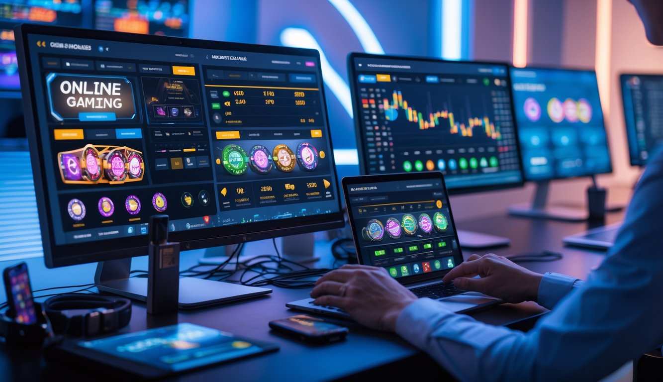 Meja kerja modern dengan beberapa layar komputer menampilkan permainan kasino online dan grafik digital, tangan seseorang menggunakan laptop dan ponsel pintar.