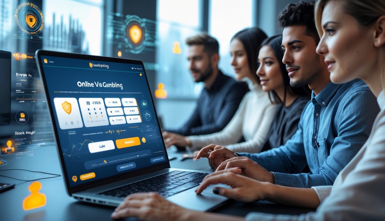 Orang-orang muda menggunakan laptop di lingkungan kerja modern dengan elemen digital yang menunjukkan keamanan dan teknologi online.