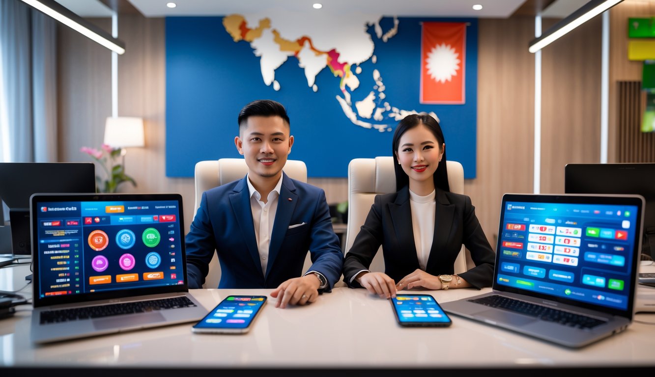 Seorang pria dan wanita Indonesia duduk di meja dengan perangkat digital yang menampilkan antarmuka taruhan dalam kantor modern.