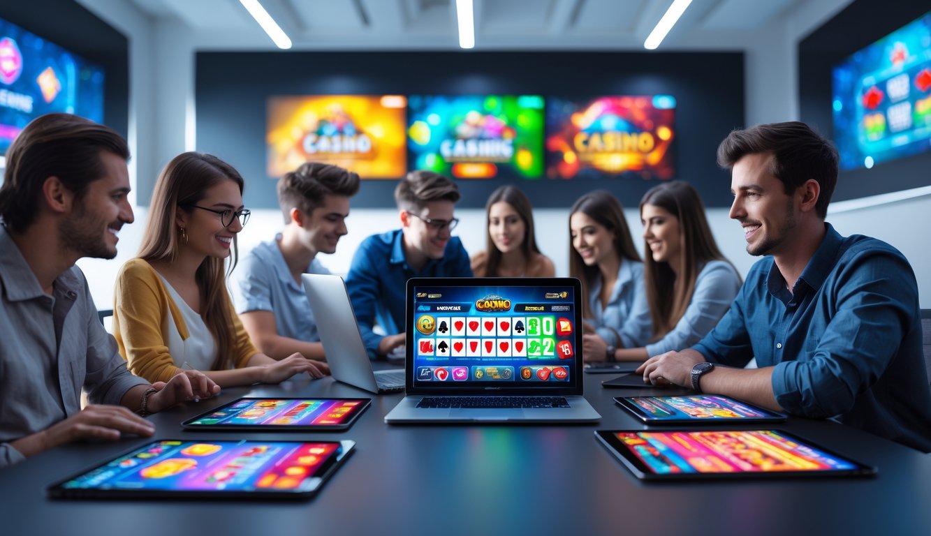 Sekelompok orang muda sedang berkumpul di meja dengan laptop dan ponsel yang menampilkan permainan kasino digital.