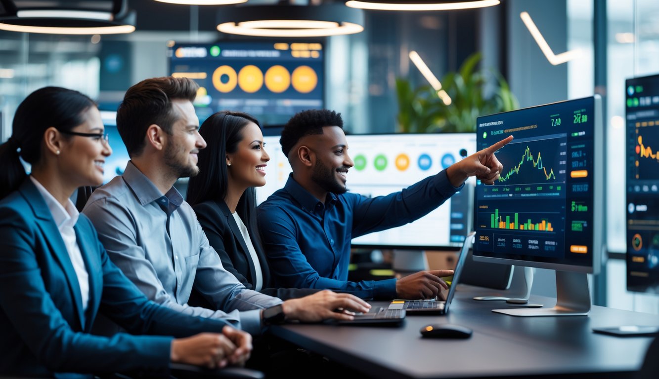 Sekelompok orang sedang bekerja bersama di kantor modern dengan layar komputer yang menampilkan grafik dan statistik permainan.