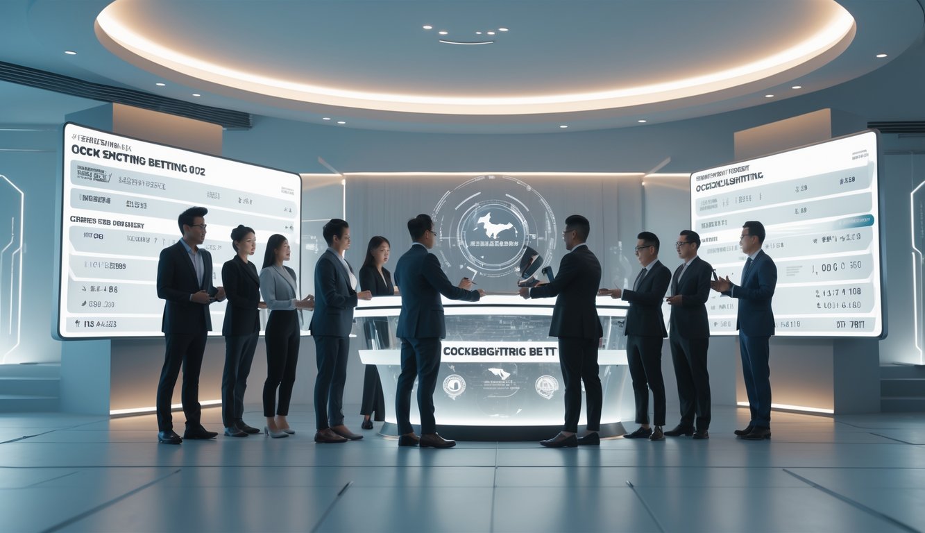 Sekelompok orang sedang menggunakan teknologi modern untuk taruhan sabung ayam di ruangan yang terang dan bergaya kontemporer.