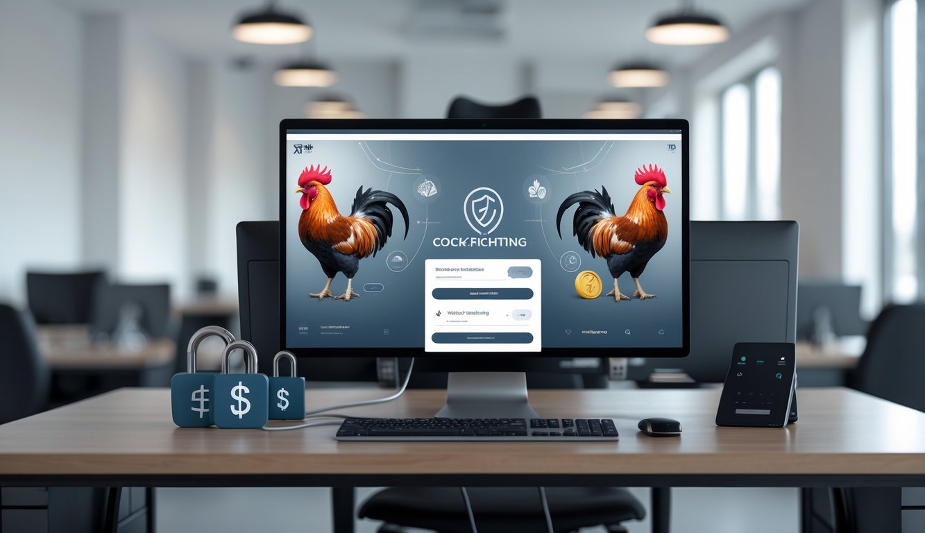Sebuah kantor modern dengan komputer yang menampilkan antarmuka digital dan simbol ayam jago, menggambarkan agen judi sabung ayam resmi.