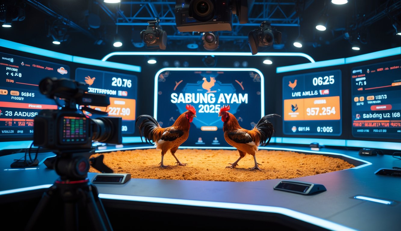 Suasana studio streaming profesional dengan arena sabung ayam dan dua ayam jago sedang bertarung, dilengkapi layar digital dan peralatan teknologi.