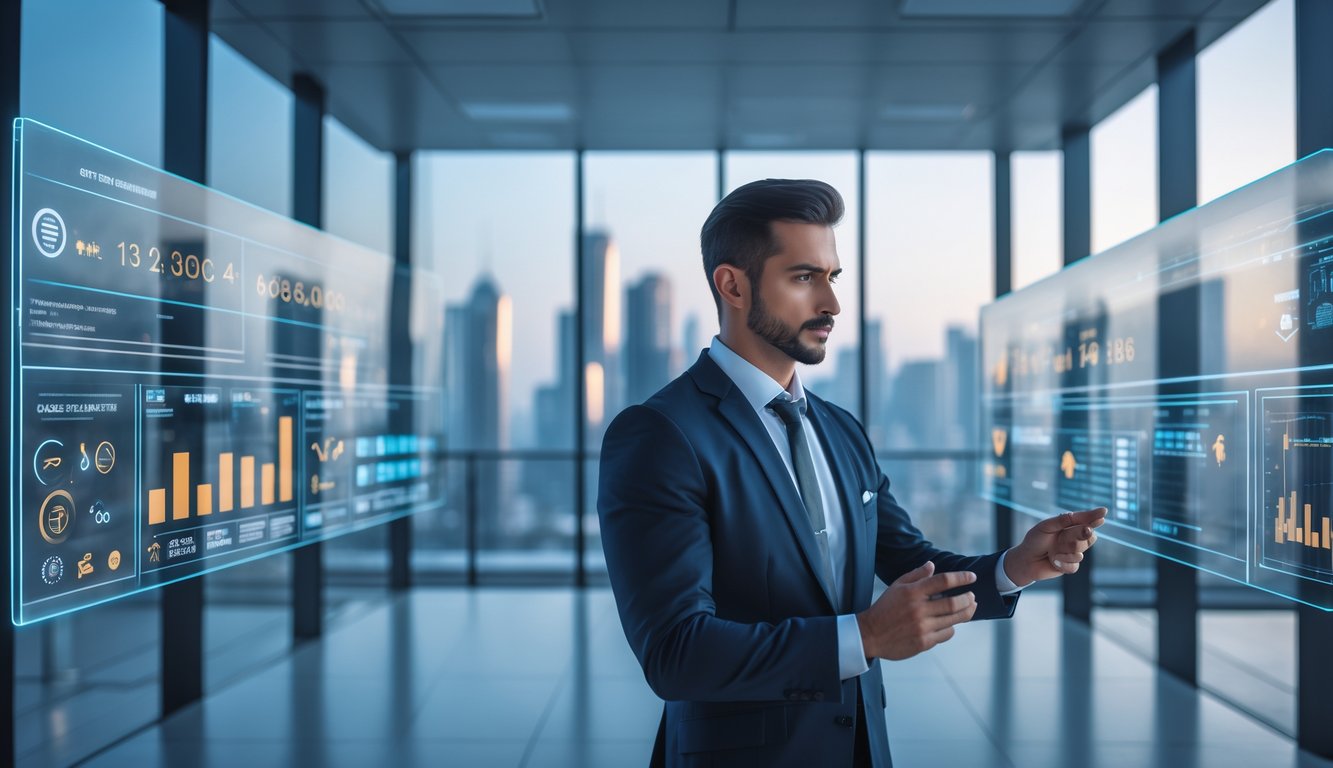 Seorang pebisnis berpakaian rapi sedang melihat data digital di kantor modern dengan pemandangan kota futuristik di luar jendela.