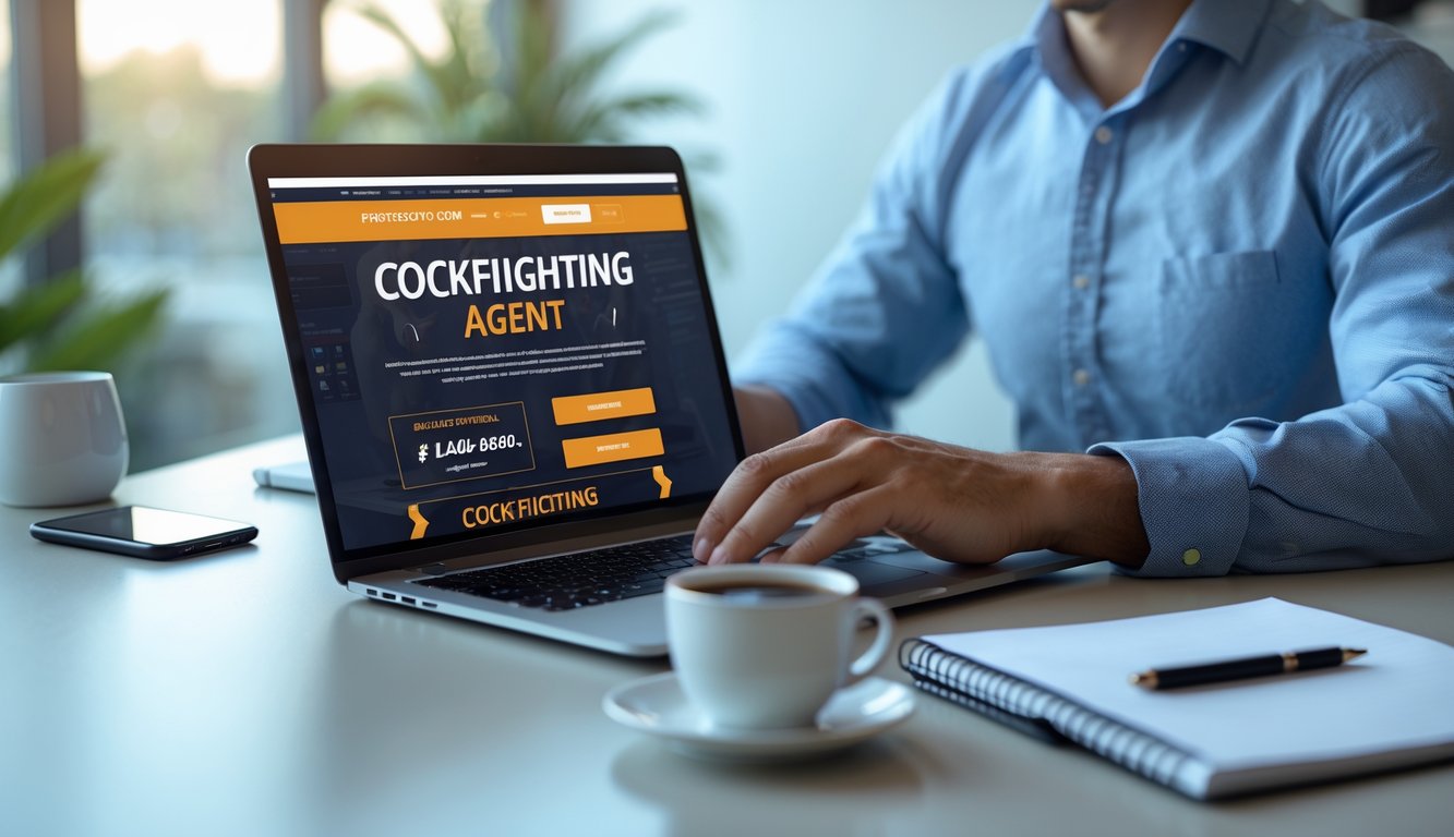 Seseorang menggunakan laptop di meja kerja yang rapi dengan suasana terang, menunjukkan aktivitas agen sabung ayam online yang aman dan terpercaya.