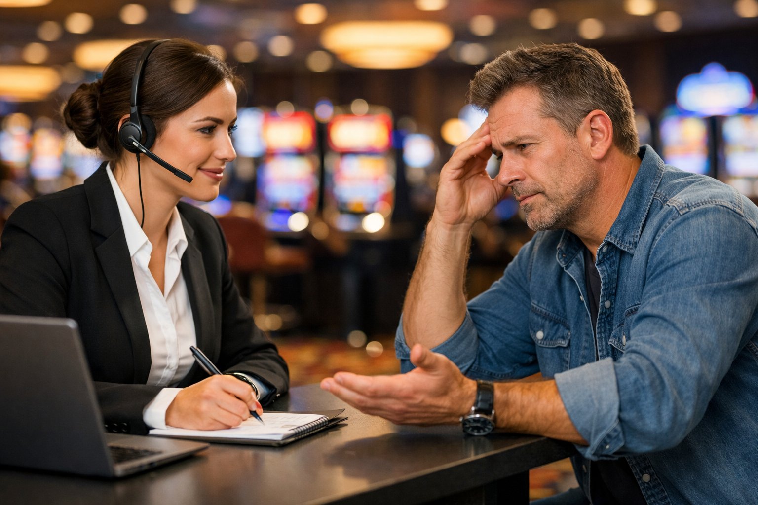 A casino customer service representative listens attentively to a concerned player at a desk with gaming machines in the background.